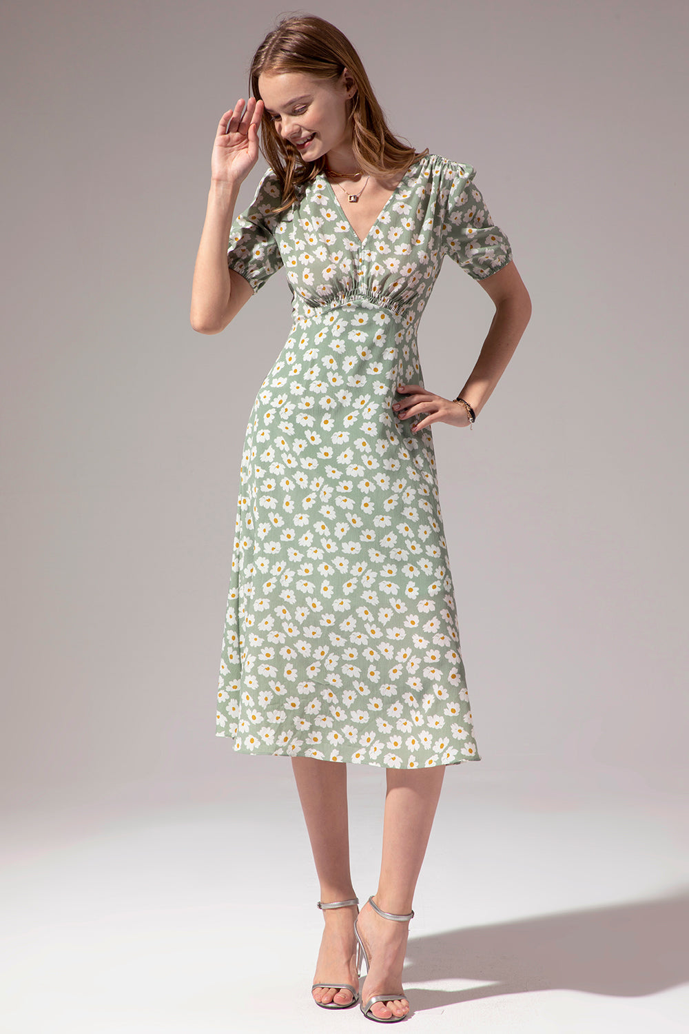 1950s Floral Print Green Casual Dress