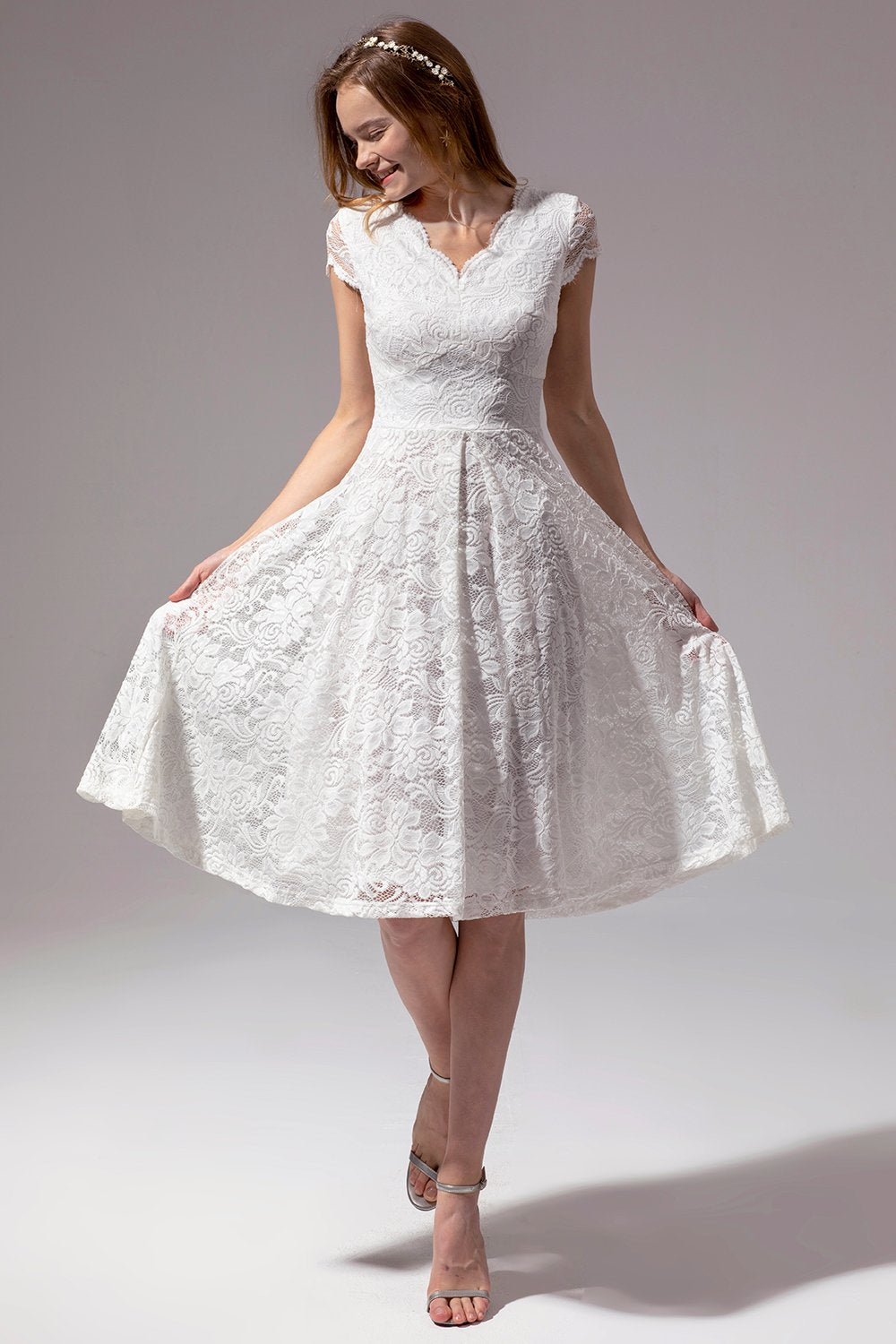 V Neck Midi White Lace Dress