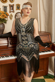 Black 1920s Plus Size Beaded Sequins Flapper Dress