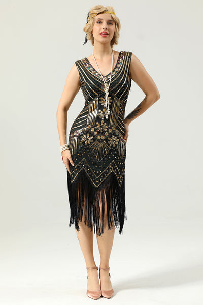 Zapaka Women 1920 Dress Black and Gold Sequin Flapper Gatsby Dress with ...