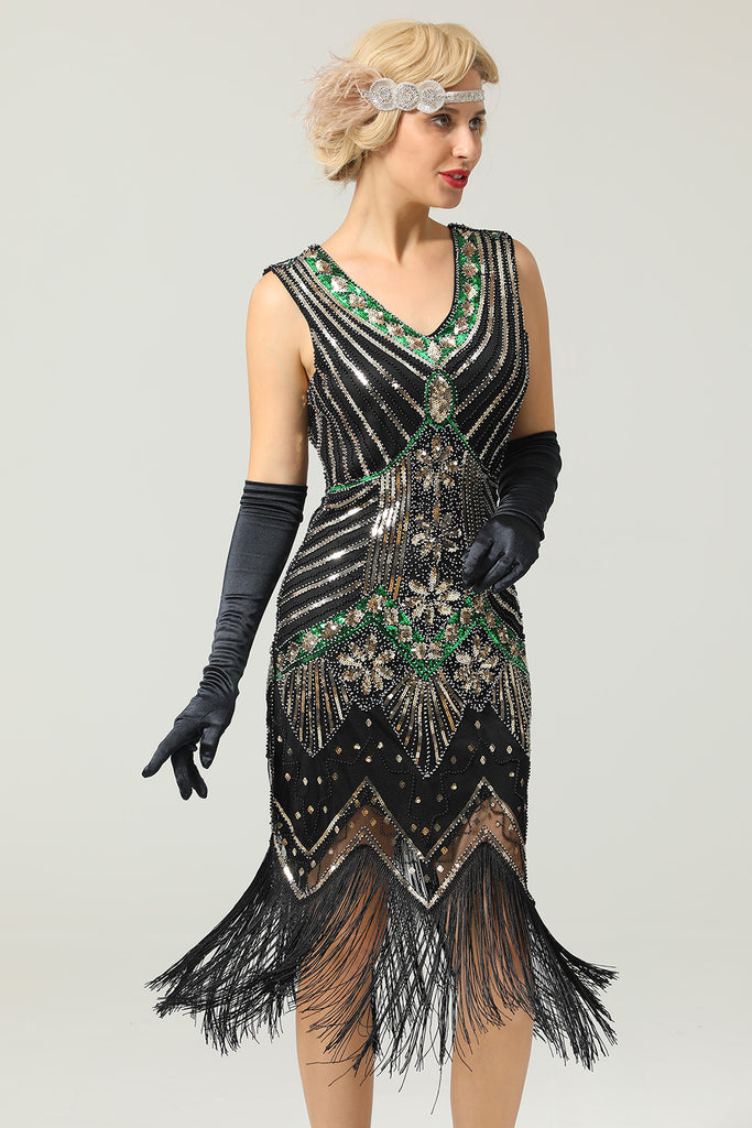 Zapaka Black and Gold V Neck Sleeveless Sequins Glitter 1920s Bodycon ...