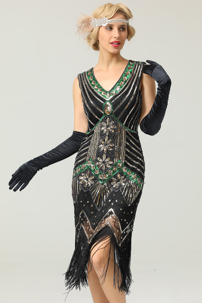 Zapaka Black and Gold V Neck Sleeveless Sequins Glitter 1920s Bodycon ...
