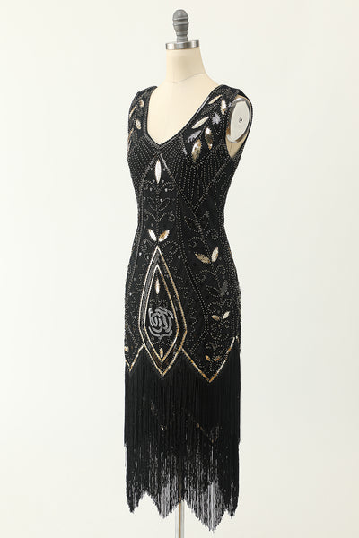 Zapaka Black V Neck Sleeveless Sequins Glitter 1920s Bodycon Fringe ...