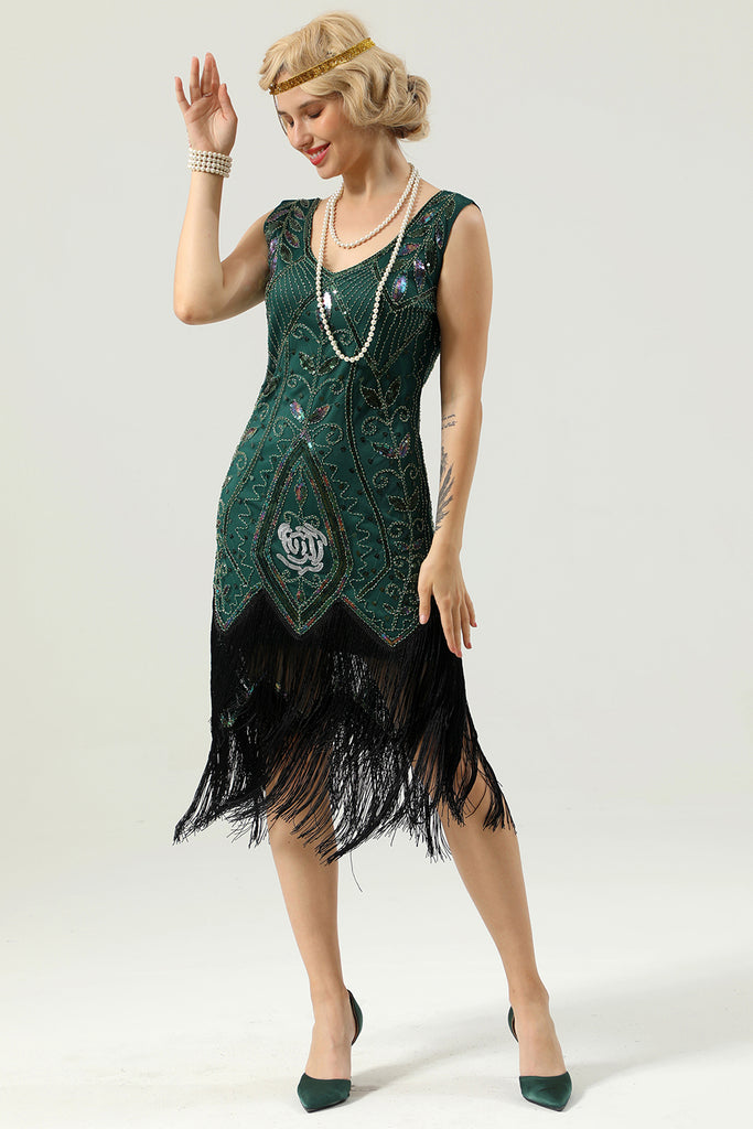 Zapaka Dark Green V Neck Sleeveless Sequins Beaded Glitter 1920s ...