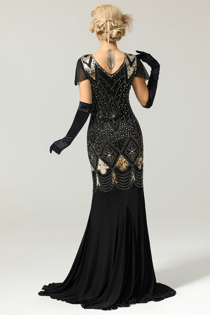Black Golden Sequins Long 1920s Dress with Short Sleeves
