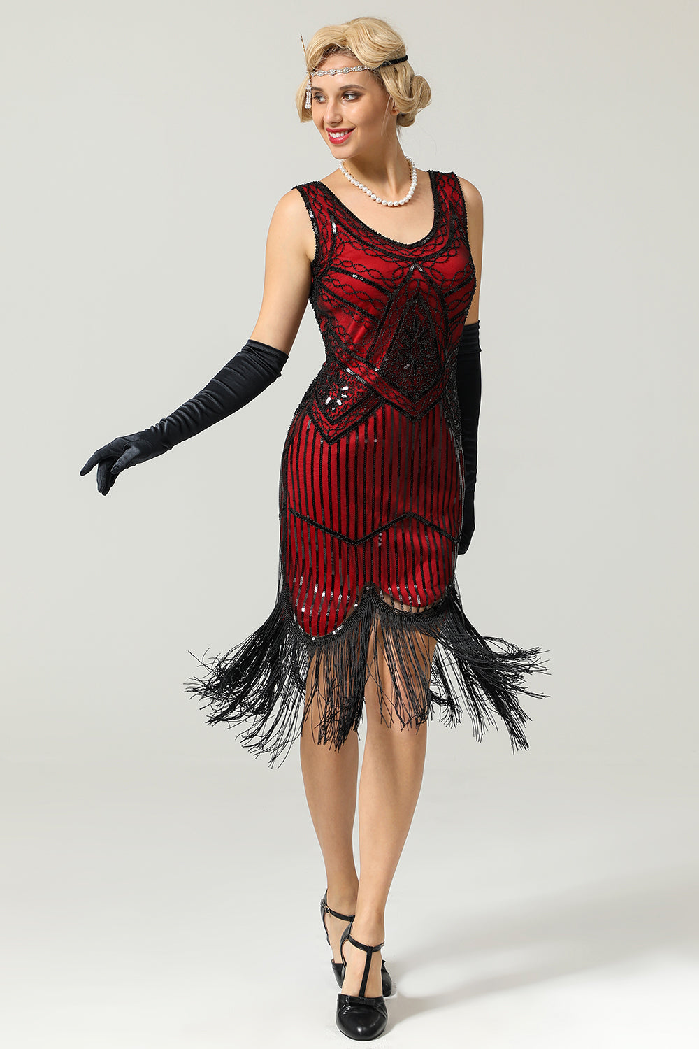 Red and Black Deep V Neck Flapper 1920s Dress