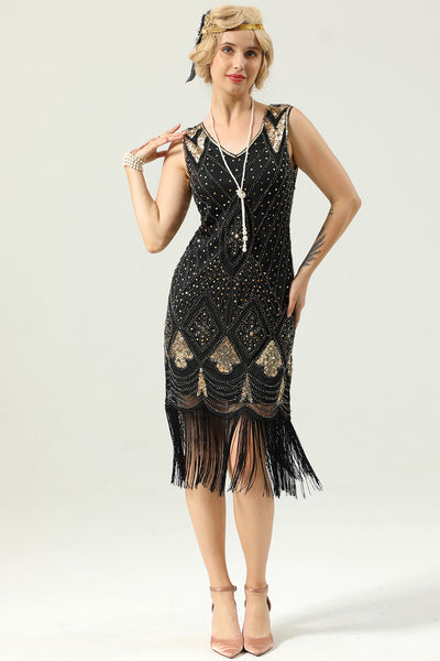 ZAPAKA Women 1920s Dress Black Sleeveless V-neck Great Gatsby Party Dress