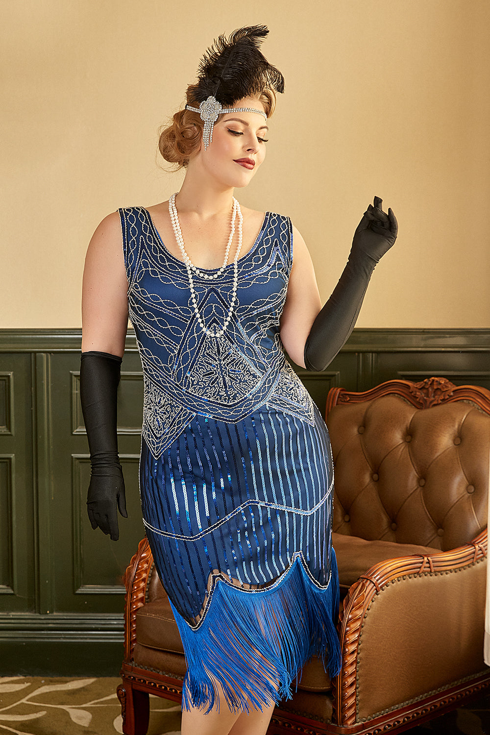 Zapaka Women Royal Blue Plus Size Scoop Neck Sleeveless Gatsby Dress With Tassel – ZAPAKA