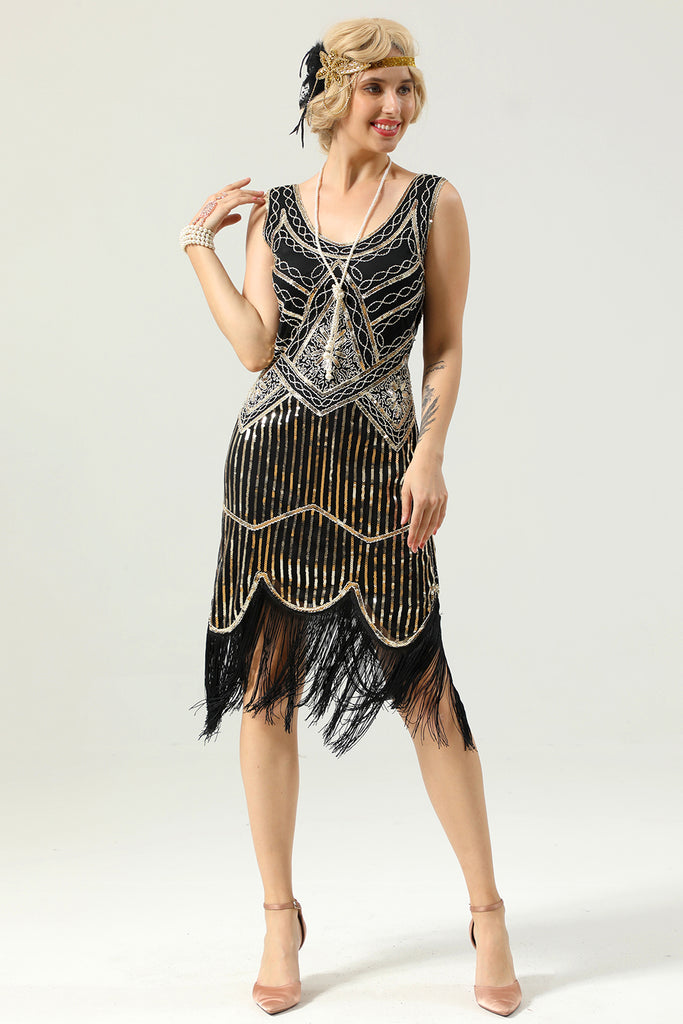 Zapaka Women V Neck Black Sequined Glitter Flapper 1920s Dress With ...