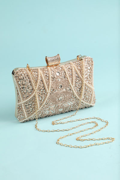 Luxury Beaded Pearl Evening Clutch Bag with Detachable Chain
