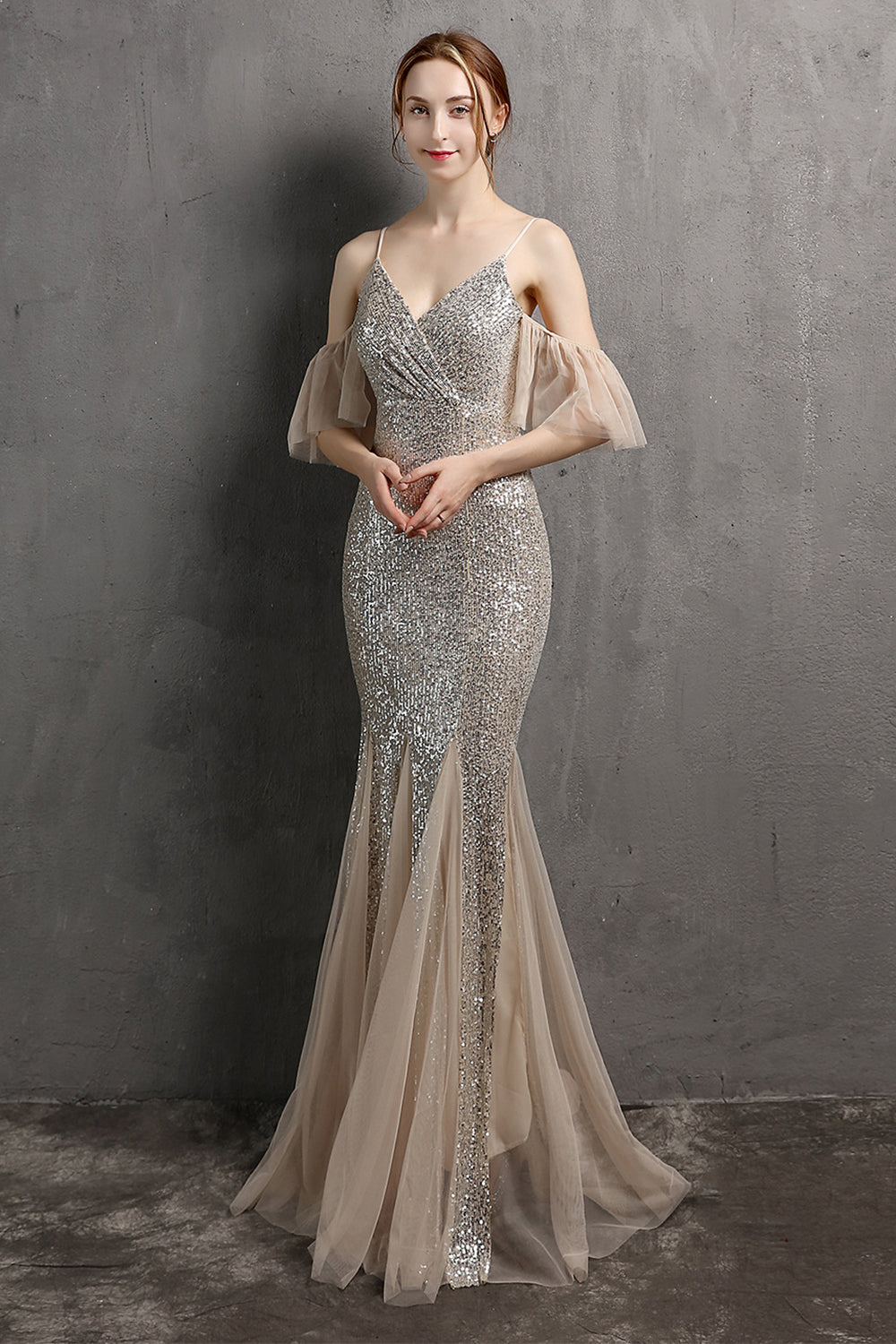 Champagne Sequin Long Prom Dress with Ruffles