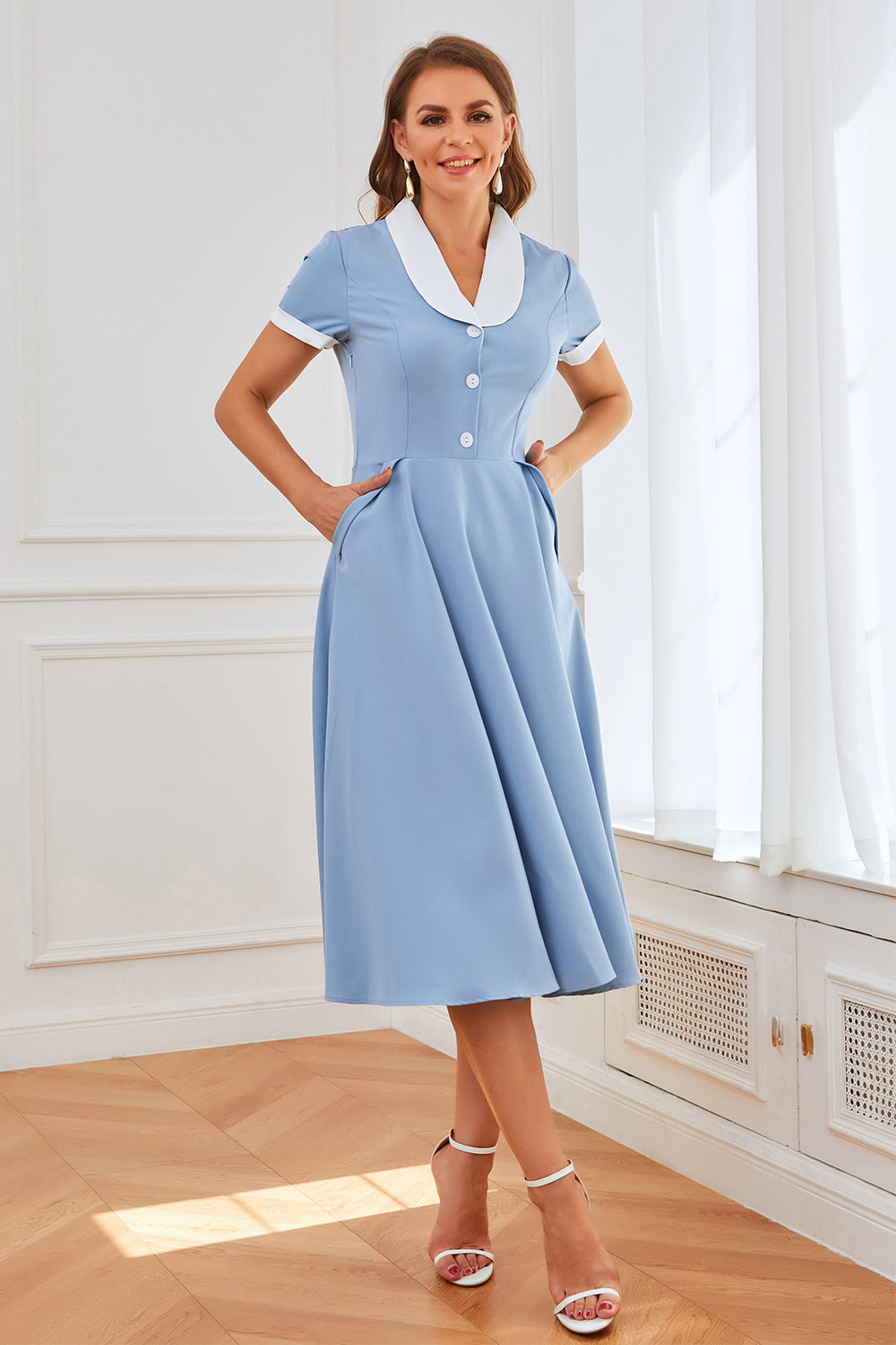 Blue 1950s Swing Dress with Pockets