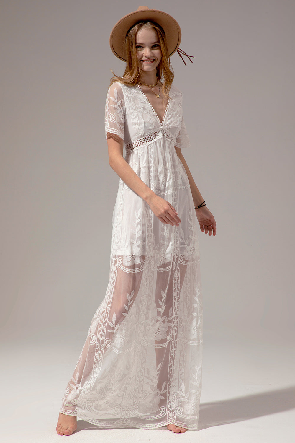 ZAPAKA White Lace Dress Off Shoulder Maxi Short Sleeves Summer Boho Beach  Dress
