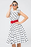 White Off-shoulder Dress with Black Polka Dots