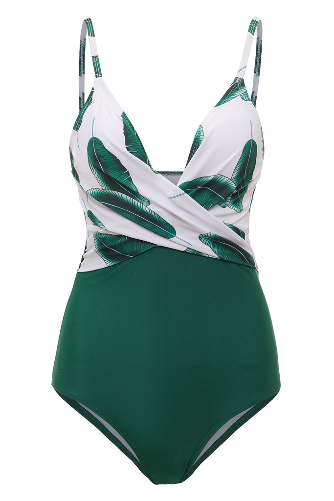 Zapaka Women Green Swimsuit Banana Leaf Printed One Piece Swimwear – ZAPAKA