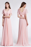 V Neck Pink Bridesmaid Dress with Ruffles
