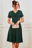 V Neck Dark Green Pleated Waist Vintage Dress
