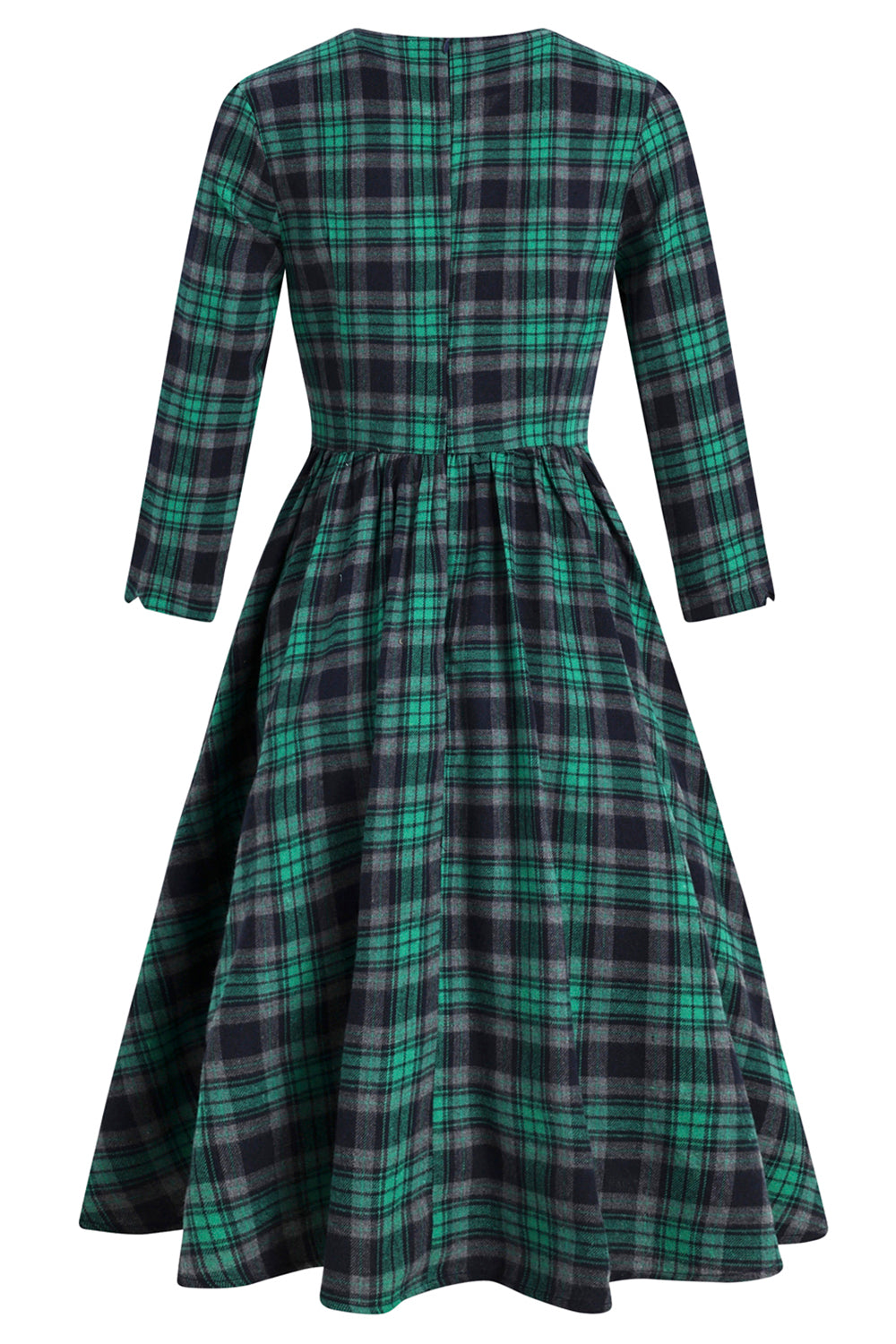 Zapaka Women Vintage Dress Green V Neck Plaid Long Sleeves 1950s Dress ...
