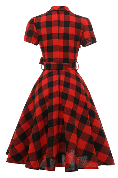 Zapaka Women Vintage Dress Red 1950s Plaid Short Sleeves Swing Dress ...