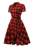 Red Plaid Short Sleeves Vintage Dress