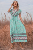 Green V-neck Print Maxi Summer Dress