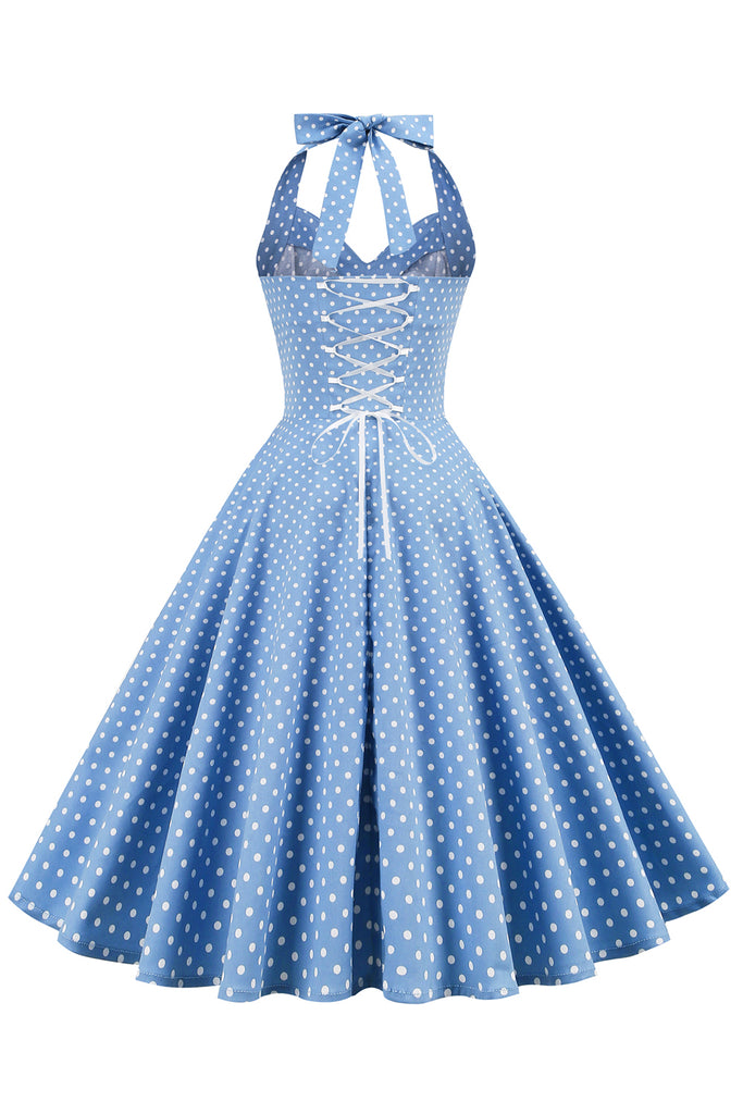 Zapaka Women Retro Dress Blue Polka Dots Halter Open Back Vintage Dress ...