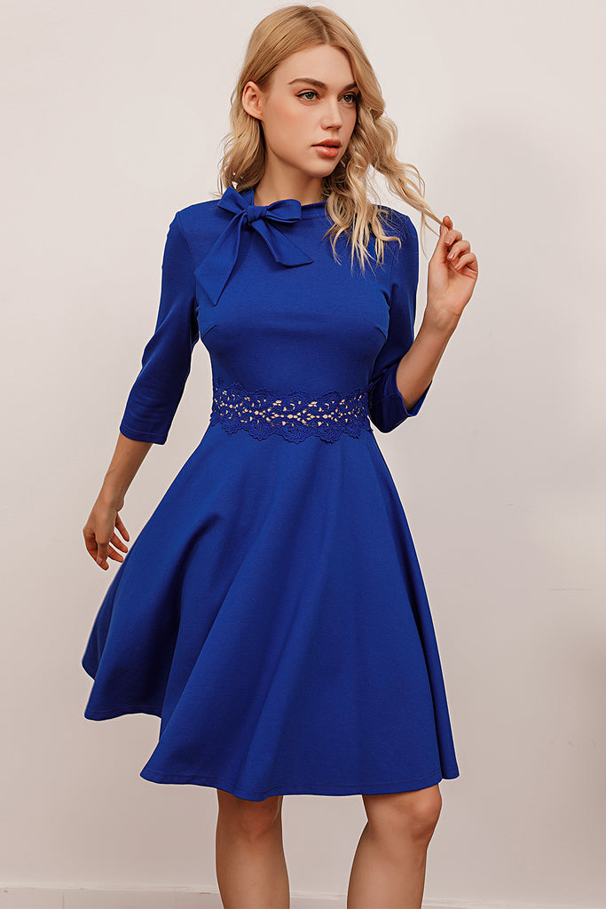 Vintage Royal Blue Bow Round Neck Waist Lace Formal Swing Dress With ...