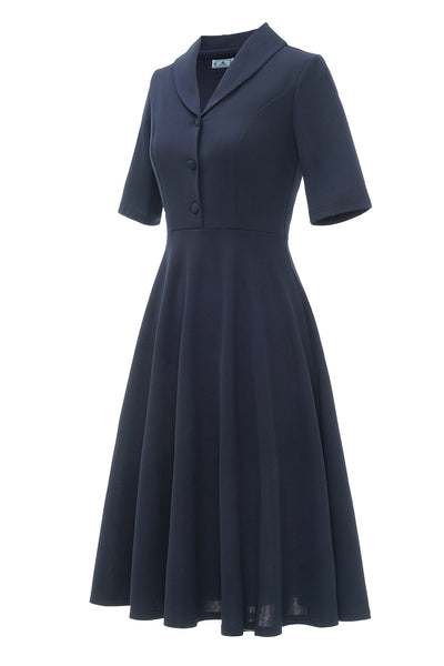 Zapaka Women Vintage Dress Navy 1950s Button Swing Dress with Short ...