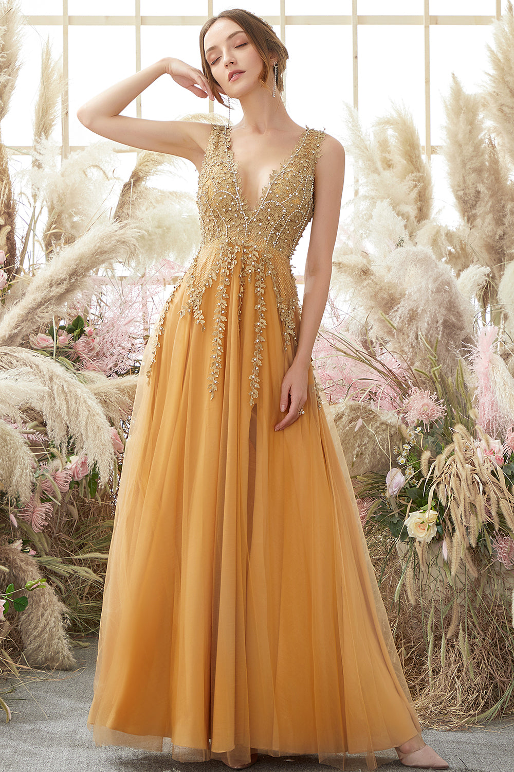 Deep V-neck Long Prom Dress with Appliques