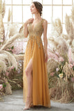 Deep V-neck Long Prom Dress with Appliques