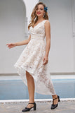 White V Neck High Low Lace Party Dress