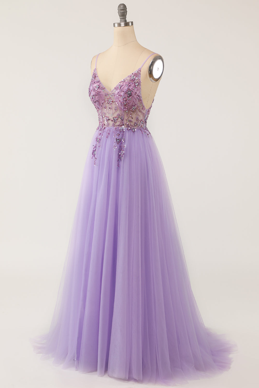 Zapaka Women Purple Long Prom Dress A Line Spaghetti Straps Tulle Beaded Formal Dress, Purple / US16
