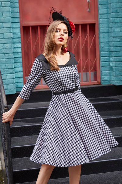 Zapaka Women Swing Style Dress V Neck Grid Vintage Dress 1950s Dress ...