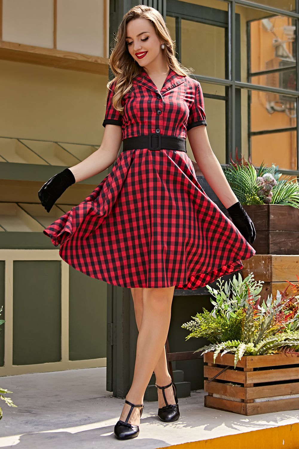 Zapaka Women Vintage Plaid 1950s Dress Short Sleeves Collared