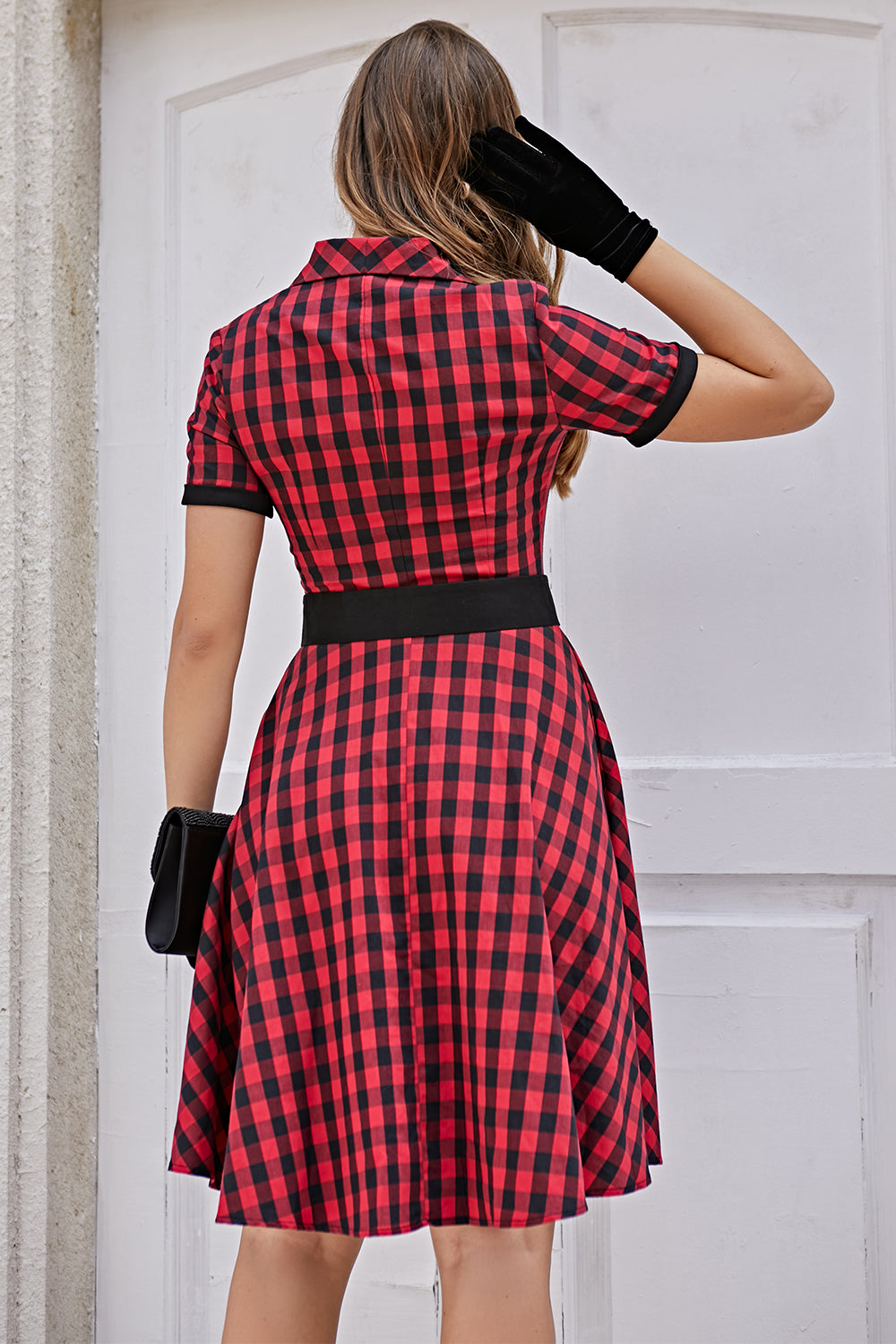 Zapaka Women Vintage Plaid 1950s Dress Short Sleeves Collared Swing Party  Dress – ZAPAKA