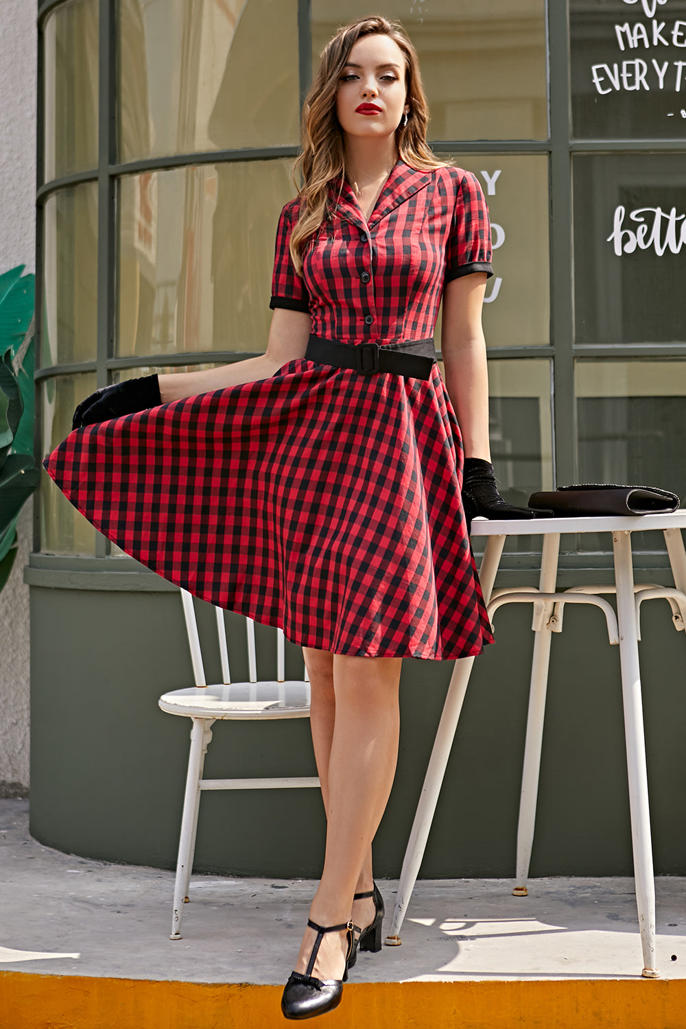 Zapaka Women Vintage Plaid 1950s Dress Short Sleeves Collared