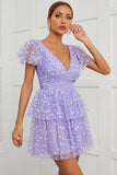 Cute V Neck Purple Homecoming Party Dress