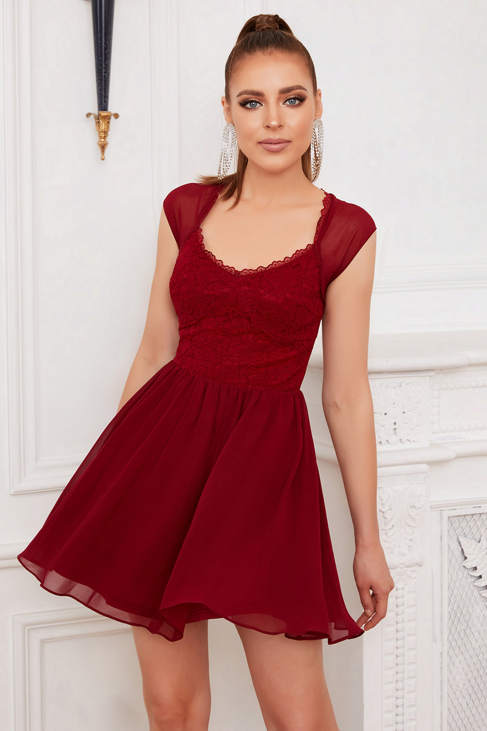 Burgundy Lace Short Cocktail Dress