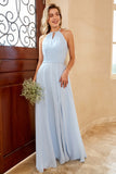 Sky Blue Long Chiffon Bridesmaid Dress with Slit