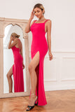 Sheath Spaghetti Straps Fuchsia Long Prom Dress with Split Front