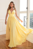 Classic A Line V Neck Yellow Long Prom Dress with Split Front