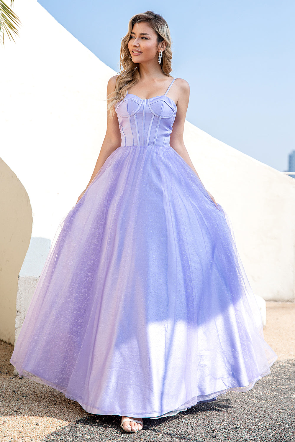 Zapaka Women Prom Dress Purple Tulle A-Line Sleeveless Formal Dress, Purple / US14