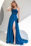 Blue Spaghetti Straps Prom Dress with Lace