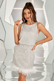 Silver Sequins Short Homecoming Dress with Feather