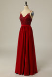 Burgundy Long Prom Dress with Beading Lace
