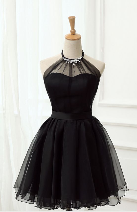 Halter Black Tulle Short Prom Dress