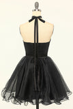 Halter Black Tulle Short Prom Dress
