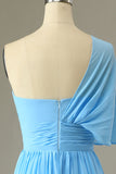 One Shoulder Blue Bridesmaid Dress