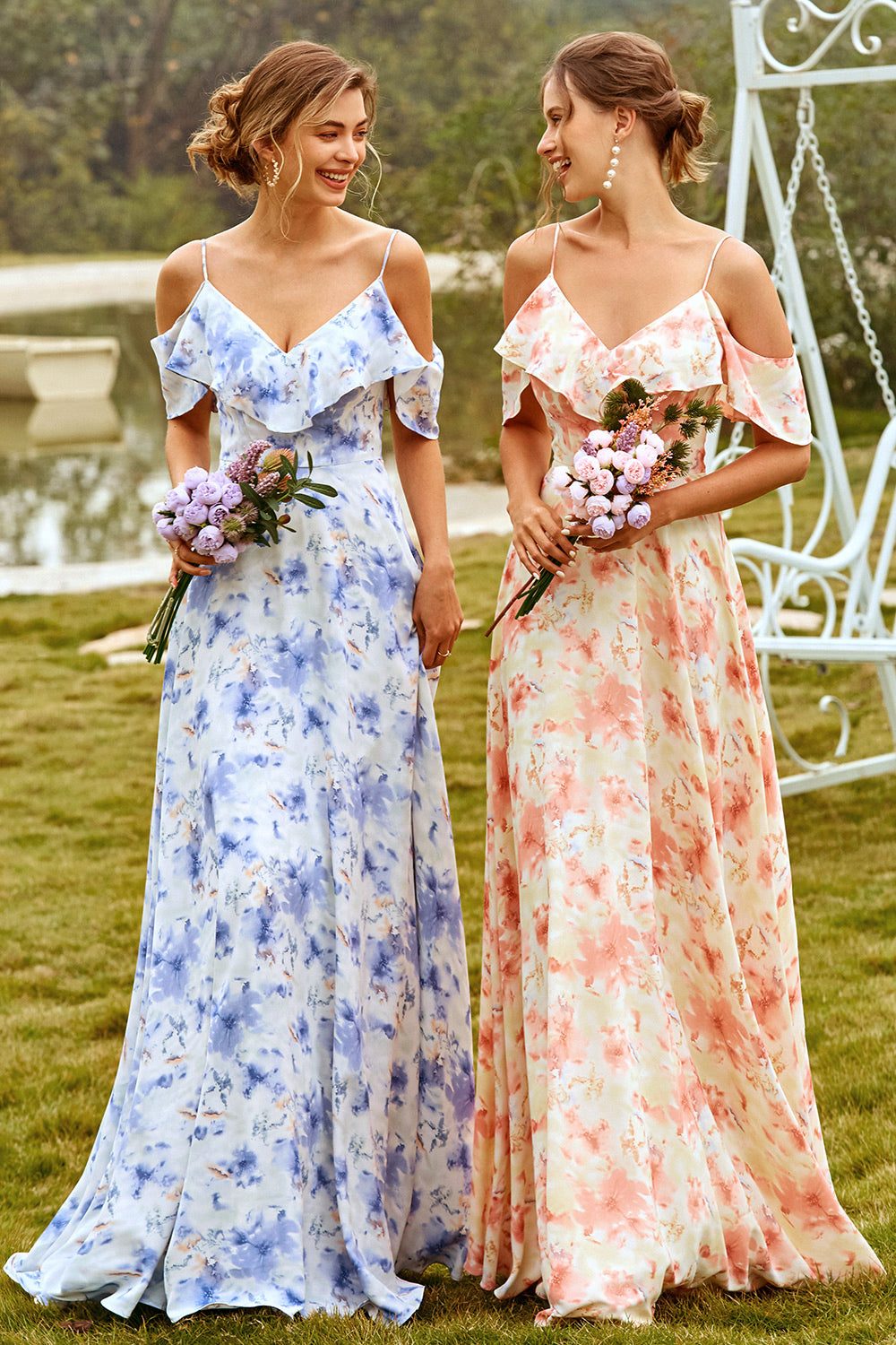 Print Blush Bridesmaid Dress with Ruffle