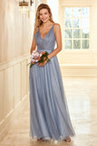 A Line Spaghetti Straps Grey Blue Long Bridesmaid Dress